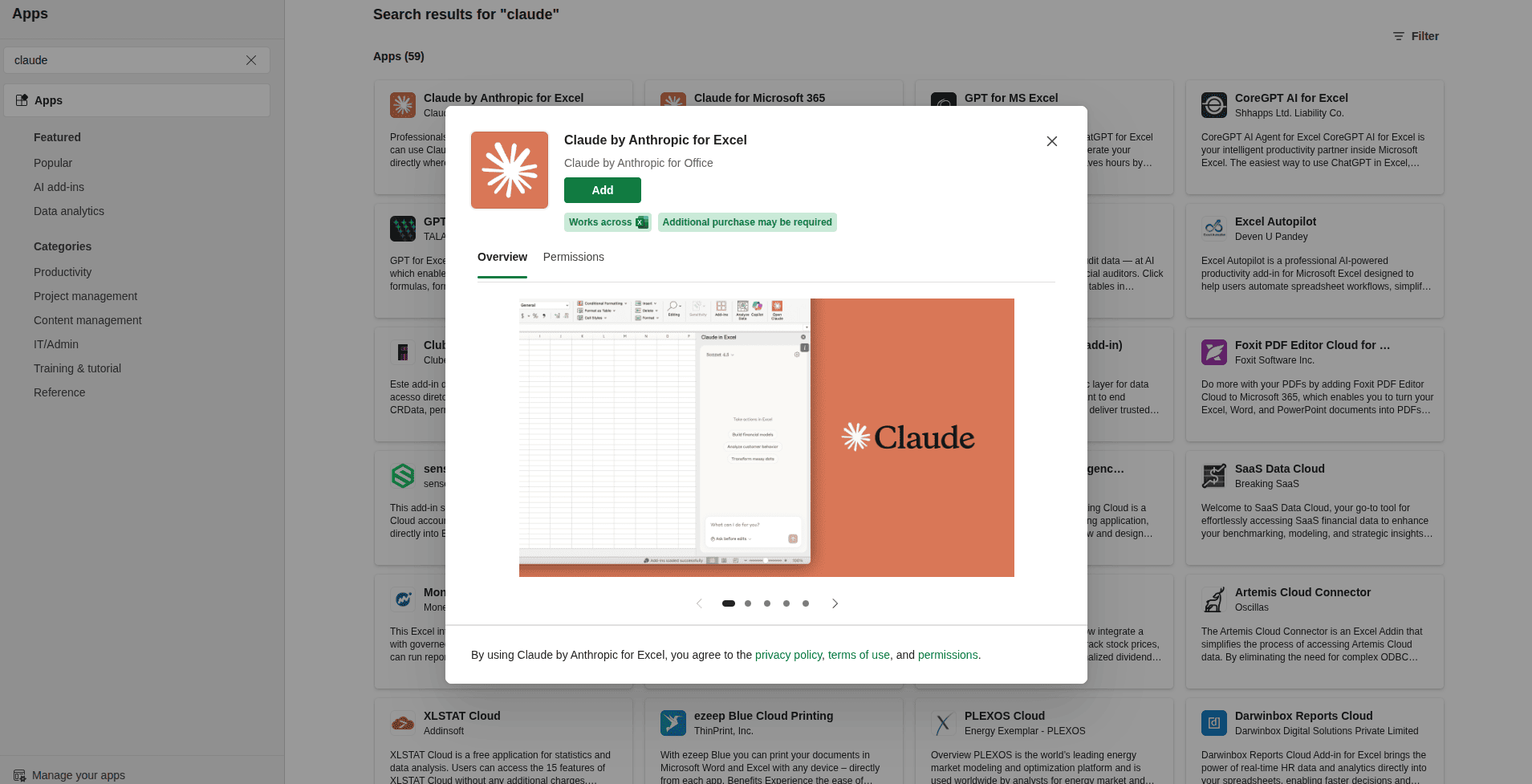 Pilih Claude by Anthropic for Excel lalu klik Add