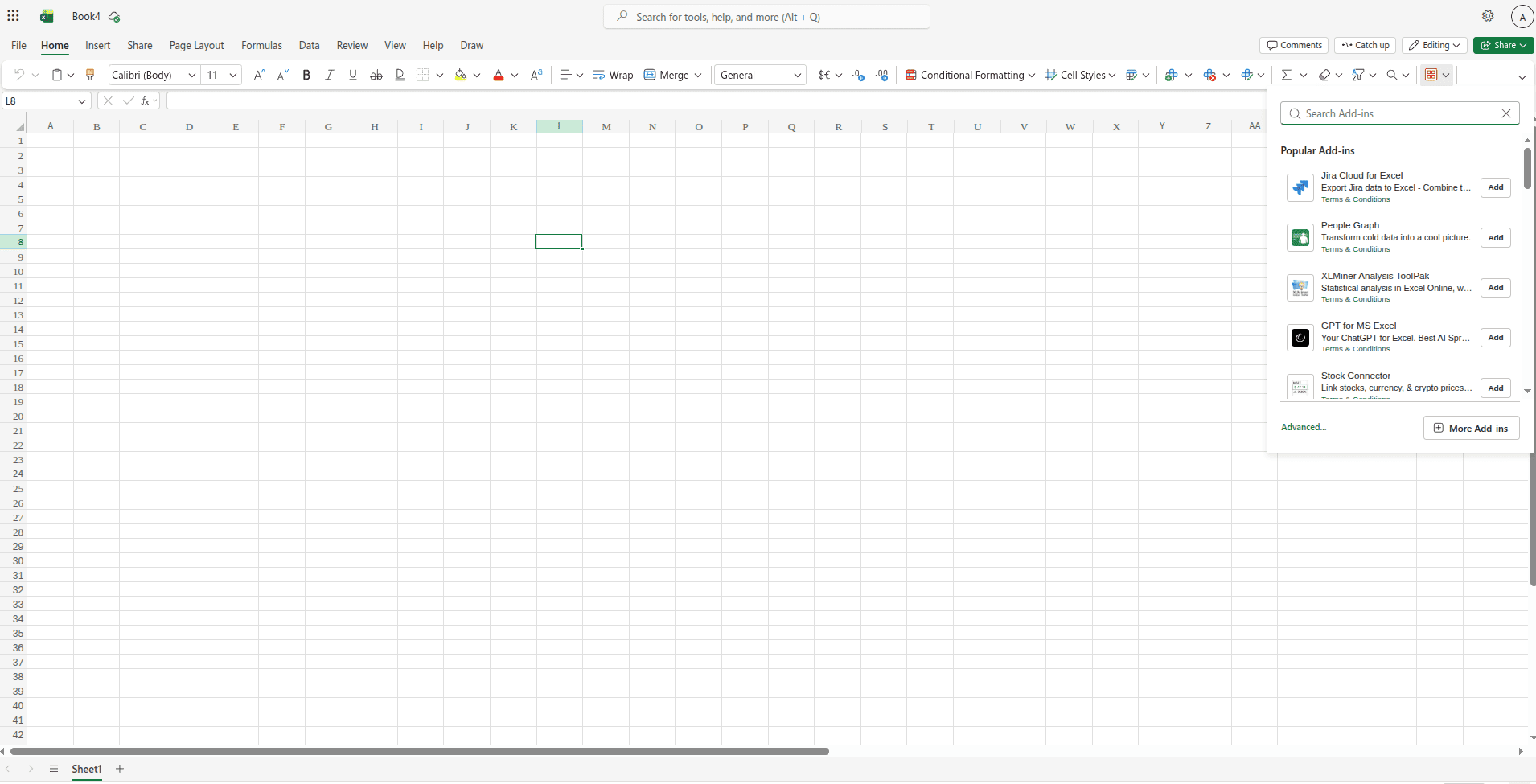 Klik tombol Add-Ins lalu More Add-ins di Excel